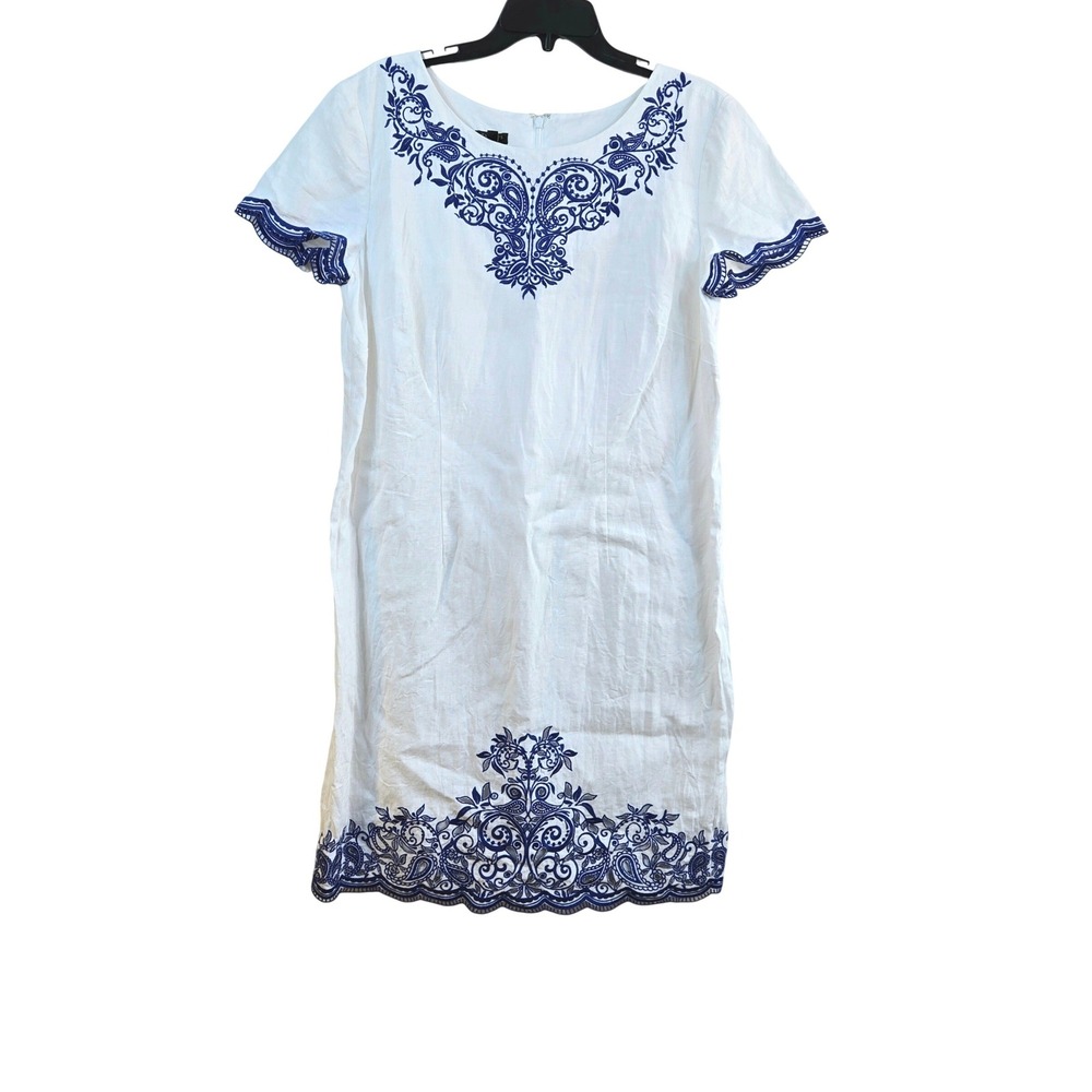 Talbots Woman White Navy Embroidered 100% Linen Scalloped Trim‎ Shift Dress 14P